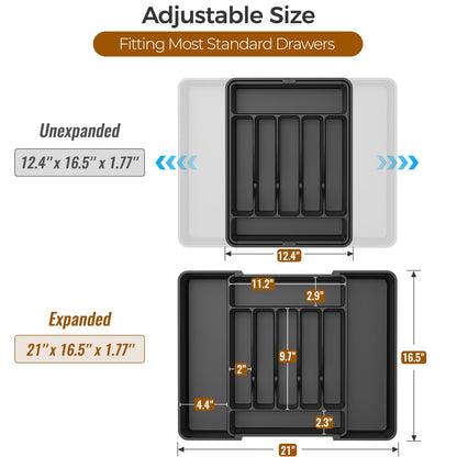 ukeetap Extra Large Expandable Silverware Organizer, BPA-Free Food-Safe Cutlery Flatware Organizer, Kitchen Utensil Drawer Organizer, Adjustable Silverware Holder for Spoons Forks Knives, Black