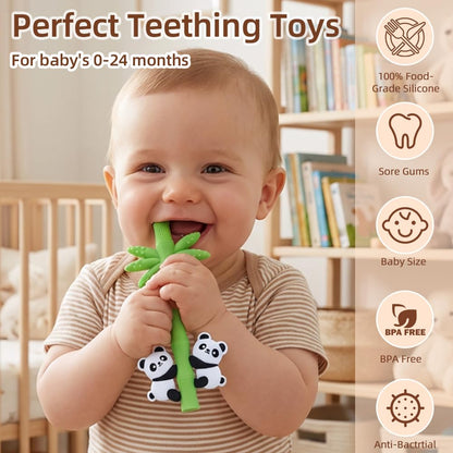 Baby Teether Toy Panda Shape Silicone Teething Toys for Babies 0-24 Months, Chew Toys for Infants Teething Relief, Hollow Tube Toothbrush Head for Gum Massage and Self-Brushing Training, Easy to Grip