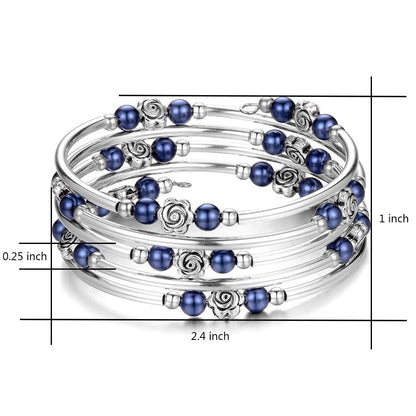 BULINLIN Wrap Bangle Rose Bead Bracelet - Beaded Bracelet with Natural Agate Stone Gifts For Women(01-Navy blue pearl)