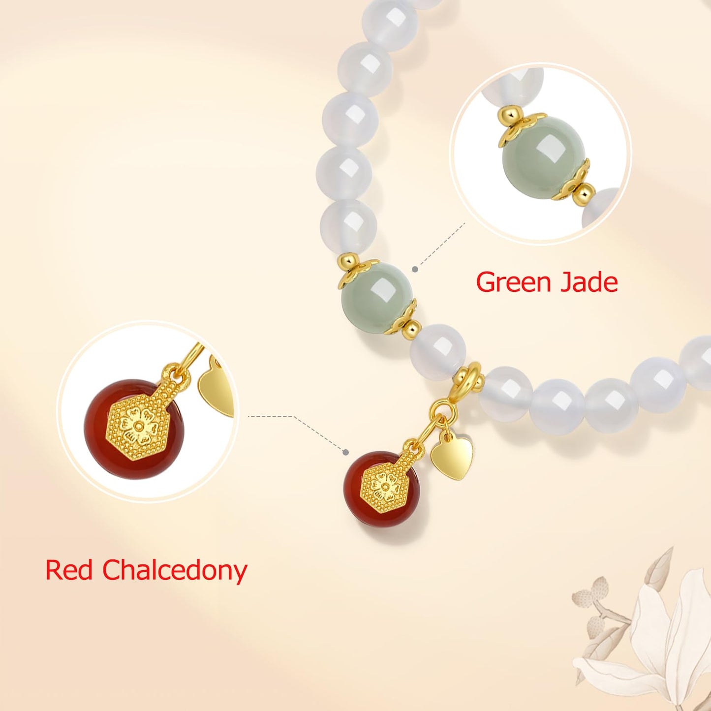ZHOU LIU FU Bracelet for Women Green White Gemstone Red Chalcedony Stone Beaded Stretch Bracelets Lucky Accessory