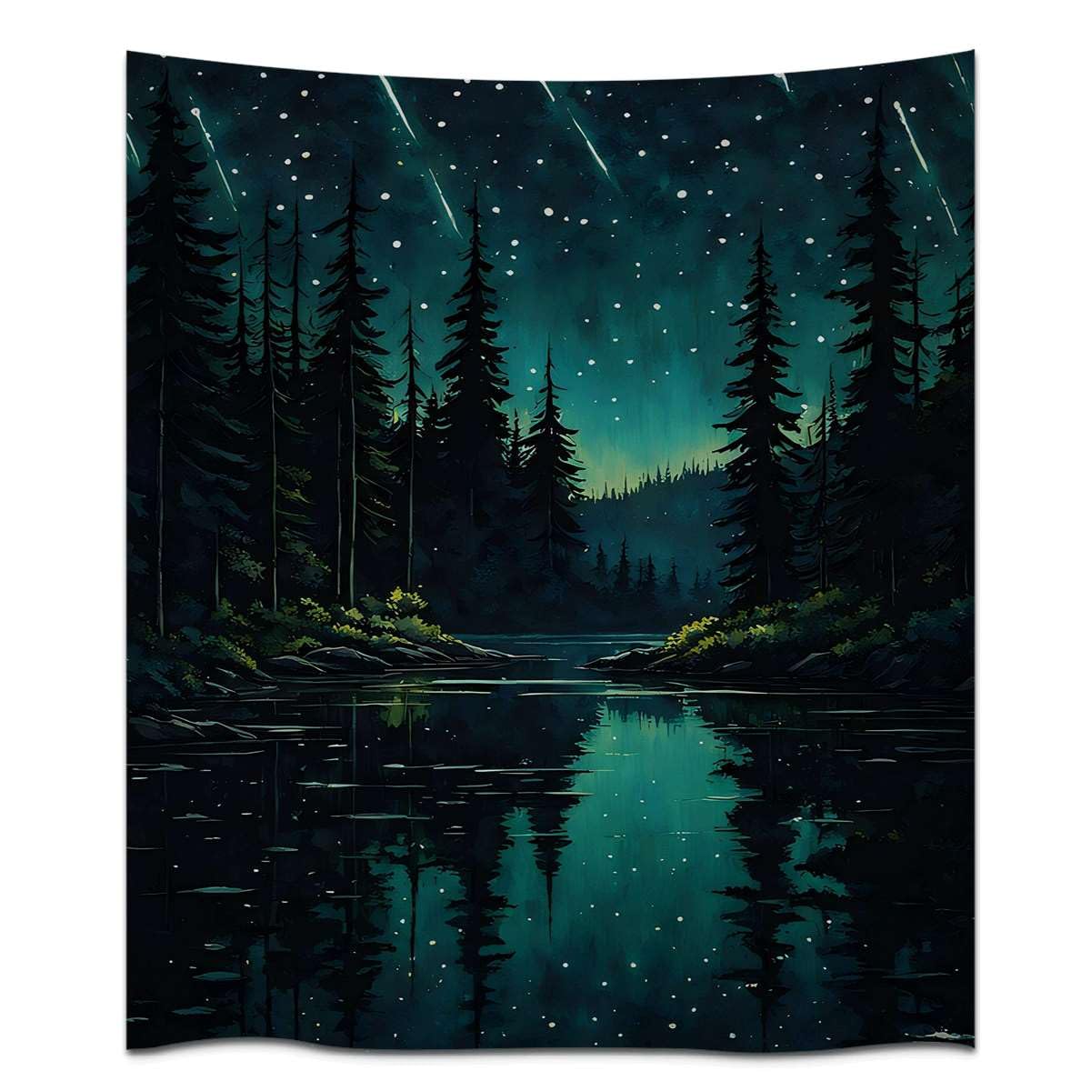 Mystical Enchanted Forest Tapestry Aesthetic Wall Hanging Tapestries Wall Decor Moody Night Sky with Meteor Showers over Lake for Bedroom Living Room Dorm Gallery (WCDOY53,40" L x 30" W)