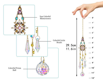 Hanging Sun Catchers with Crystals, Glass Icicle Prisms Rhinestones Suncatcher, Rainbow Maker Pendant Indoor Window Home Car Decor Gift