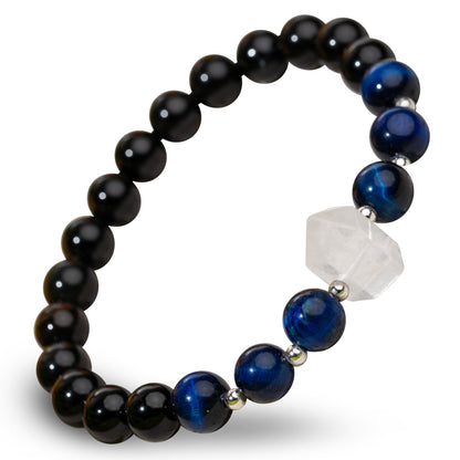Conscious Items Negativity Bracelet for Women & Men, Blue Tiger’s Eye, Clear Crystal Quartz, & Black Obsidian Bracelet for Grounding & Energy Protection
