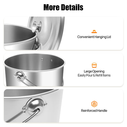 5 Gallon Stainless Steel Bucket with Hanging Lid, Food Grade 304 Metal Pail for Storage, Commercial Kitchen, Pet Food, Cleaning - 1.6mm Thick, Mirror Finish (5 Gal)