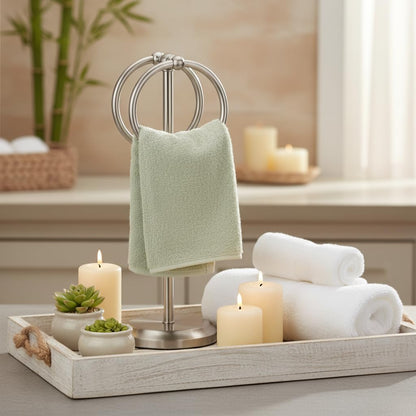 J&V TEXTILES Steel Towel Rack Holder Stand with 2 Hanging Rings for Bathroom Vanity Countertops - Space Saving Hand Towel Holder (Brushed Satin Nickel)