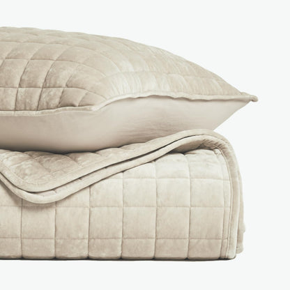 RECYCO Luxury Velvet Quilt Set King Size Bedding Sets, Ultra Soft Velvet Comforter Set, Lightweight Channel Box Stitch Oversized Bedspread Coverlet for All Season, with 2 Shams, Beige
