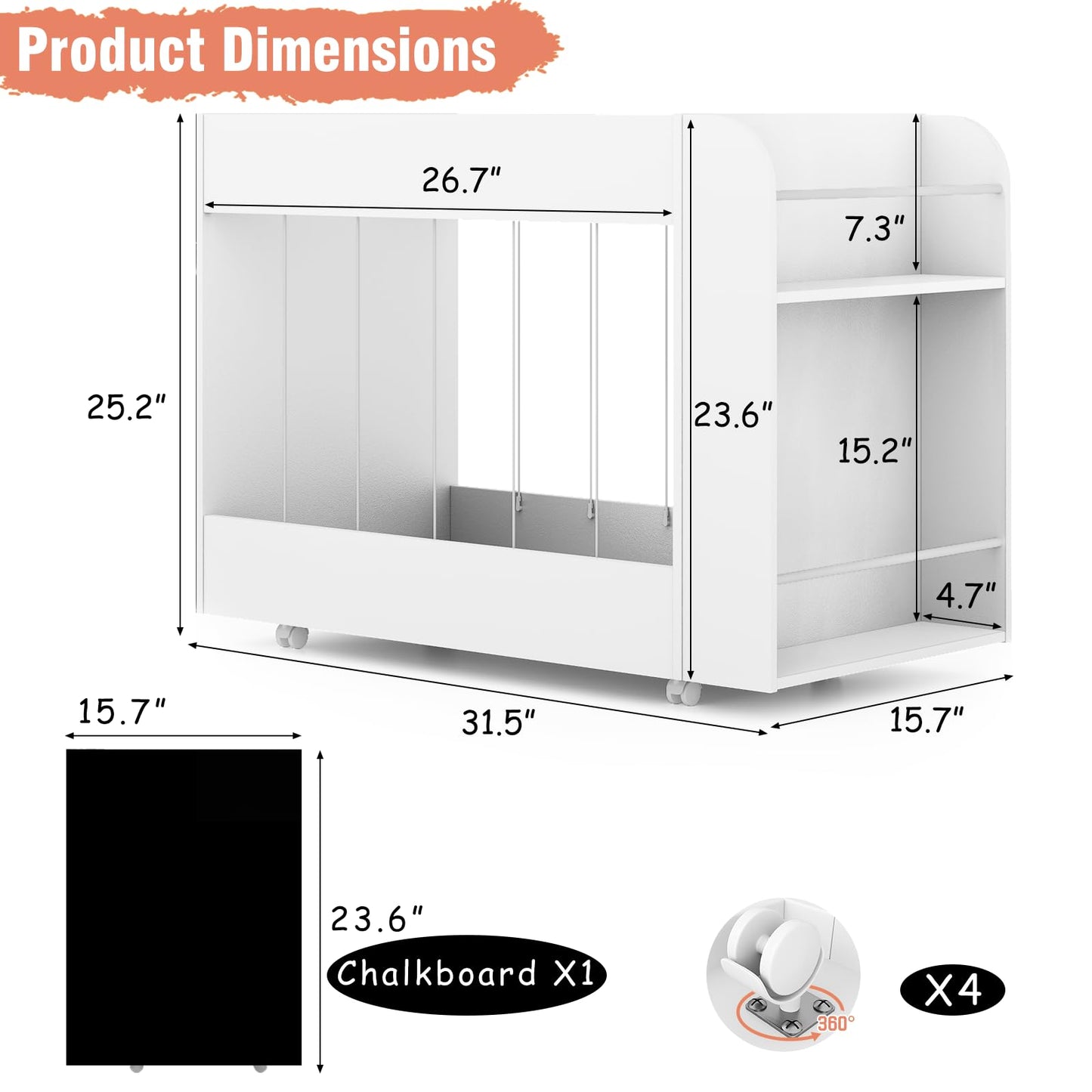 VortinT 3-in-1 Toy Storage Box with Bookshelf and Chalkboard, Large Stuffed Animal Toy Chest on Wheels, Kids Toy Storage Organizer Bin for Kids Room, Nursery & Playroom, for Kids, White