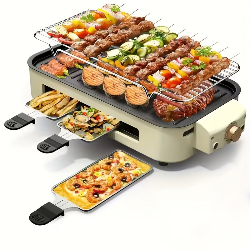 Smokeless Electric Grill, Frying And Grilling Electric Grill with Removable Non-stick Tray And Grill Rack, with 3 Mini Pans, Home Grill, Adjustable Temperature, Indoor Grilling, Kitchen Utensils, Stainless Steel
