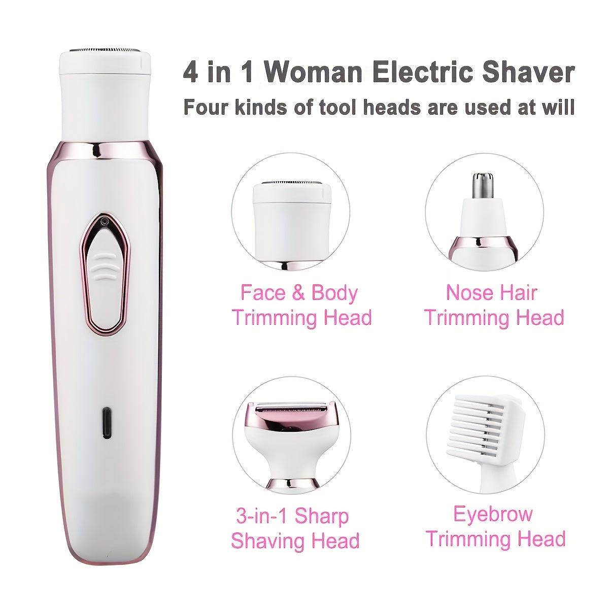 [4-in-1 Painless Razor for Women] 4-in-1 Rechargeable Electric Razor for Women - Face, Nose, Legs, Underarm, Bikini Trimmer - Wet & Dry, Painless Grooming Kit - Portable & Rechargeable