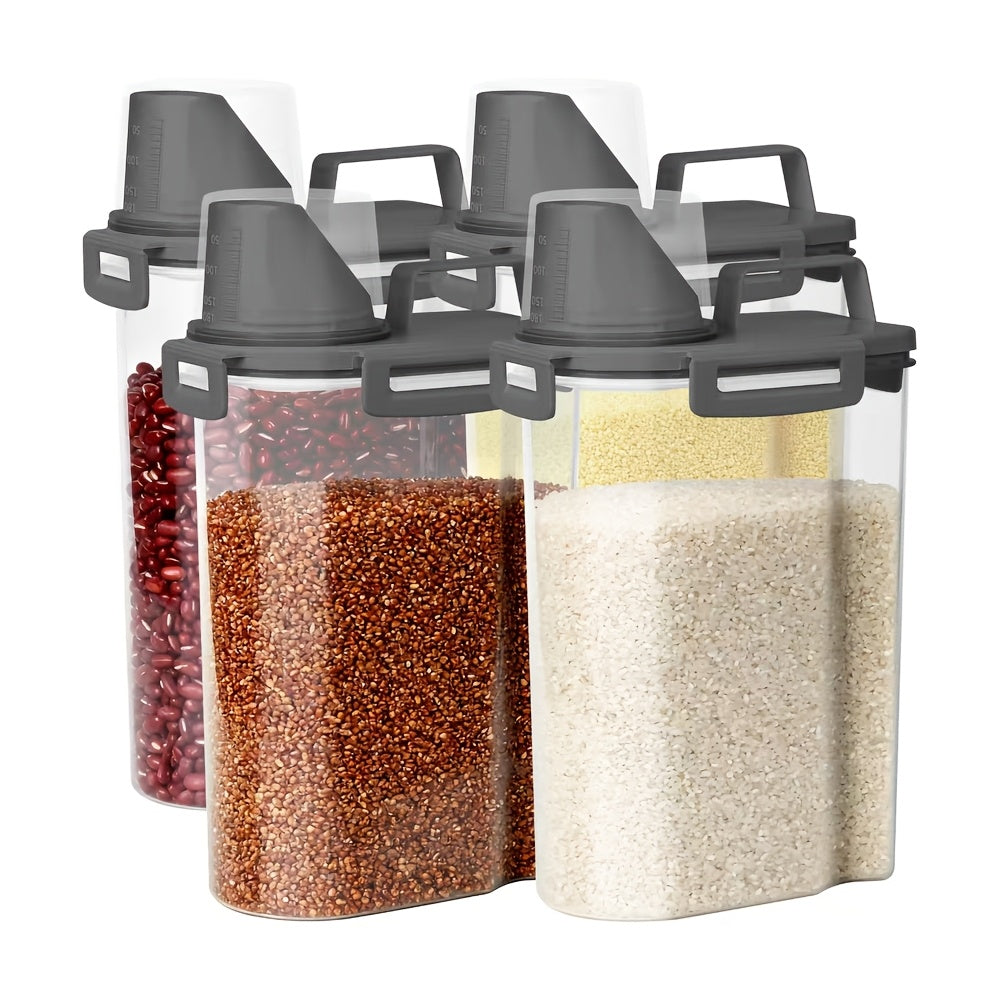 Set of 4, 5-Pound Rice Storage Containers with Airtight Seals, Designed for Dry Grains. These Transparent Plastic Boxes Feature a Pouring Spout And Are Suitable for Storing Grains, Meats, Flour, And Snacks.