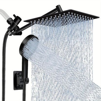Shower Head, High Pressure Rainfall/Handheld Shower Combo with 11'' Extension Arm, 3 Settings, Anti-Leak Shower Head with Holder, Height/Angle Adjustable, Chrome, Matte Black
