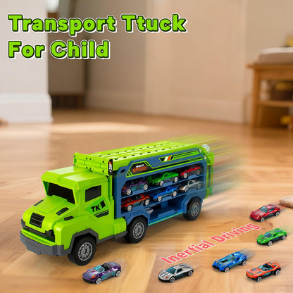 Kids Toys for 3 4 5 6 7 8 Years Old Boys, Carrier Truck Transport Car Toys, Foldable 2 Layer Car Race Track Playset with 25-in Race Track, 6 Metal Toy Cars, Birthday Toy Gift for Toddler Boys Girls