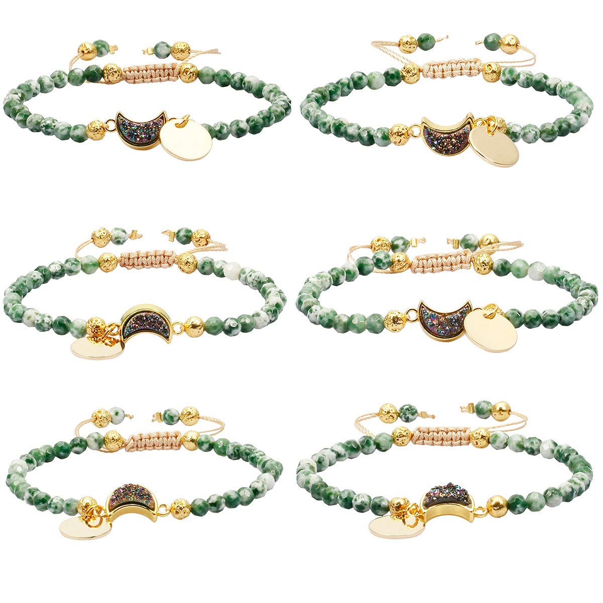 Nupuyai 4mm Faceted Stone Beads Bracelet for Women Men, Adjustable Healing Crystal Chakra Bracelet with Druzy Moon Charms, Green Dalmation Jasper