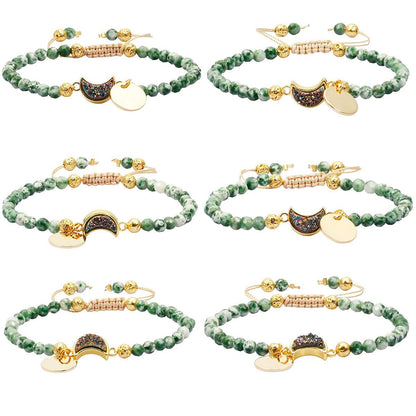 Nupuyai 4mm Faceted Stone Beads Bracelet for Women Men, Adjustable Healing Crystal Chakra Bracelet with Druzy Moon Charms, Green Dalmation Jasper