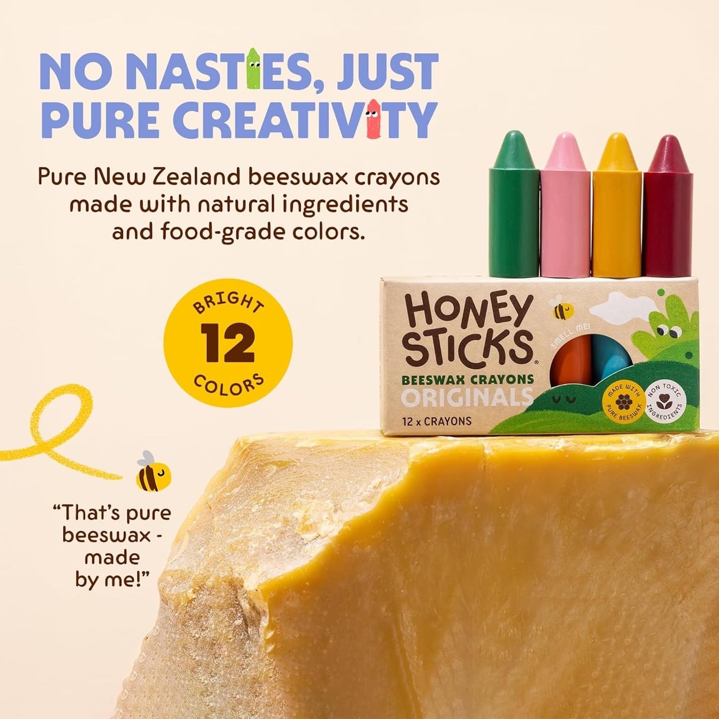 Honeysticks 100% Pure Beeswax Crayons (12 Pack) - Non Toxic Crayons for Toddlers 1-3, Safe for Baby from 1 Year Old Plus, Handmade with Natural Beeswax and Food-Grade Colors, Eco Friendly