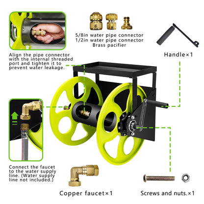Stainless Steel Garden Hose Reel for 5/8" Hose Reel with Crank Handle Retractable ，Wall Mount Metal Hose Reel 3/4 in Brass Fitting ， Holds up to 120-FtHose with Storage Rack (Hose not included）