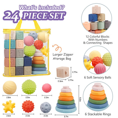 Montessori Baby Toys - Soft Baby Blocks, Stacking Rings & Sensory Balls, 24Pcs 3-in-1 Teething Toys Set for Babies 6-12 Months, Building Blocks Easter Birthday for Boys Girls