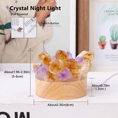 Runyangshi Natural Crystal Night Lamp Bedroom Bedside Sleep Night Light Citrine Amethyst Healing Crystal Gemstone Quartz Ambient Light USB Powered Night Decoration Desktop Ornament for Home Decor Gift