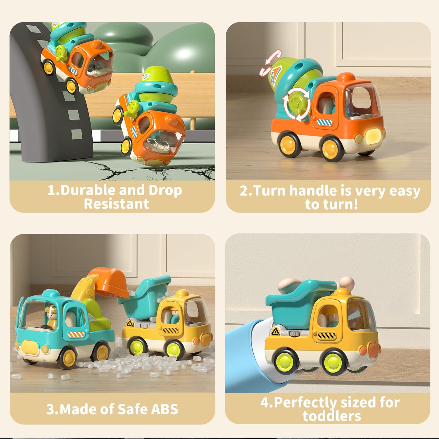 PANITU Baby Toys Push Cars for 1 2 3 Year Old Friction Powered Construction 3 Pack Friction Vehicle Set Excavator Dumper Cement Mixer Truck Lights and Musial Toys Birthday Gifts for Toddlers 1-3