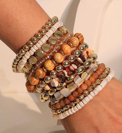 iF YOU 12 Pcs Boho Beaded Bracelets for Women, Brown Bohemian Stackable Gold Bead Stretch Bracelets Stack Beach Jewelry Gift (Brown-12 pcs)