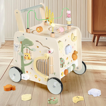Pithfor Wooden Activity Cube Push Walker, Wooden Baby Walker, Montessori Push Toys for Babies Learning to Walk & Sit-to-Stand