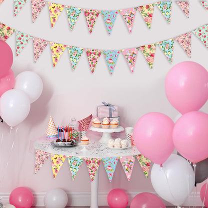 Faccito 49 Ft 60 Pcs Tea Floral Party Paper Bunting Decor Outdoor Bunting Banner Floral Pennant Wildflower Garland Tea Party Birthday Supplies for Wonderland Garden Baby Shower Bridal Wedding Bedroom