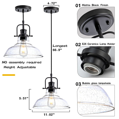 Zlepmlla Glass Pendant Light，Black Pendant Light Fixtures with Seeded Glass Shade, Adjustable Height Hanging Lights for Hallway, Kitchen Island, Dinning Room（Bulb not Included）