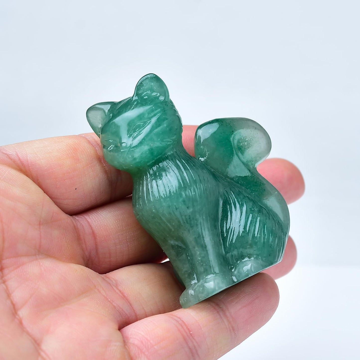 WUYOUSHI Natural Green Strawberry Crystal Cat Statue 2.4 Inch - Handmade Healing Sculpture, Lucky Guardian Pocket Statue for Reiki Meditation, Office & Home Decoration Gift