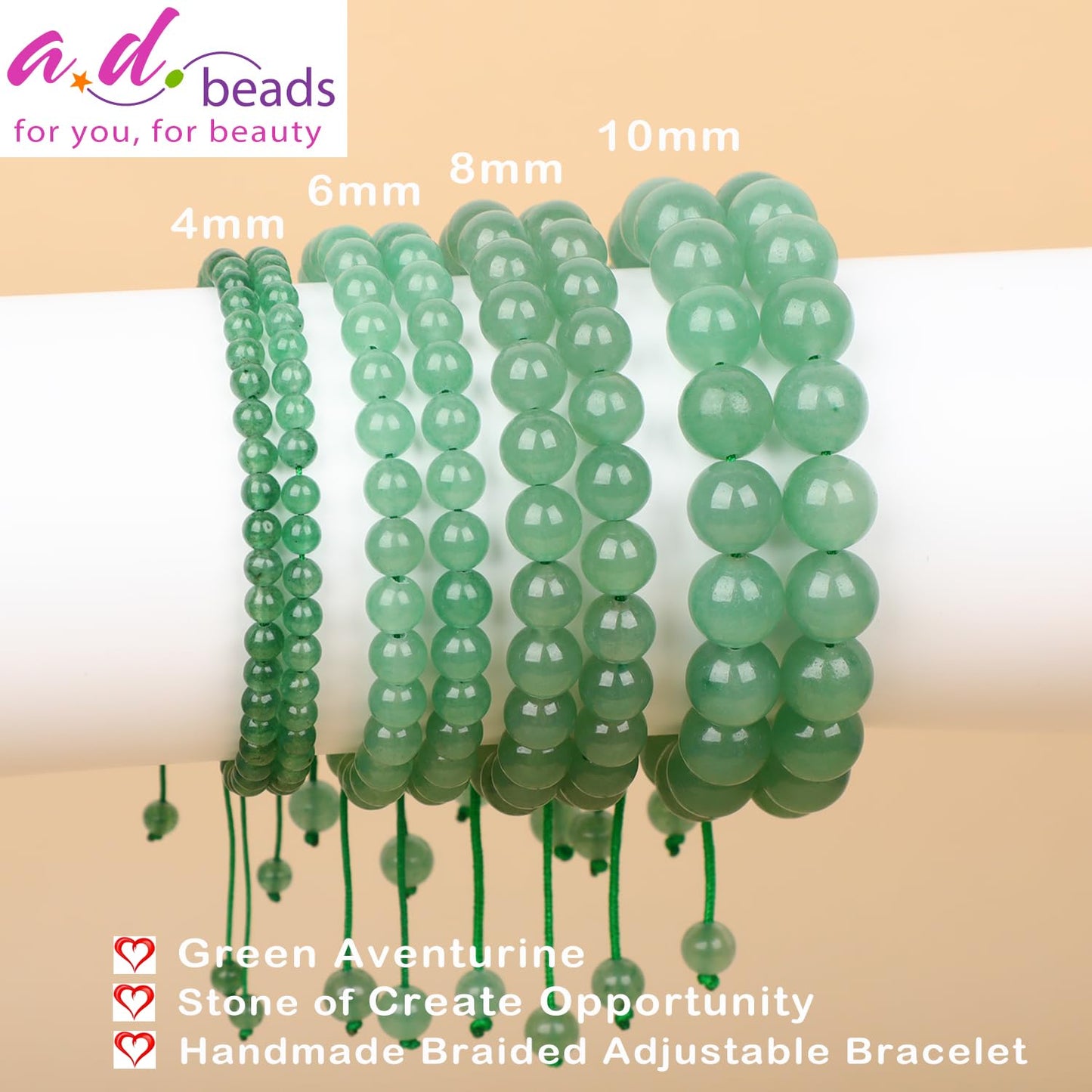 AD Beads 6mm Green Aventurine Bracelet - Stone of Create Opportunity - Handmade Natural Stone Crystal Bracelet with Adjustable Macrame String - Yoga Healing Power Energy Gifts for Men and Women