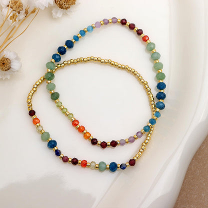 BXDA Gemstone Gold Beaded Stack Bracelets Set for Women, 2Pcs Colorful Boho Handmade Rainbow Chakra Natural Stone Stretch Stackable Bracelet Prom Holiday Jewelry Gift.