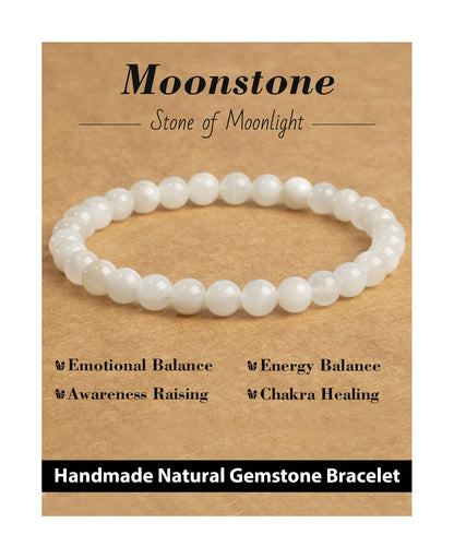 Landorilo Beaded Bracelet for Men Women, 6mm Natural Stone Moonstone Healing Crystal Stretch Bracelets, Ideal Christmas Birthday Jewelry Gifts with Energy Card，Replacement Beads Included
