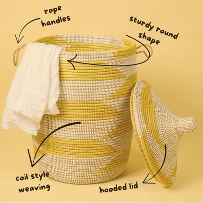 Medium Yellow Basket - Organize Bedroom, Living Room, Nursery - Laundry Hamper, Toy Bin, Blanket Storage, Towels Holder - Decorative, Boho Style - Wicker, Woven, Lid, Handles
