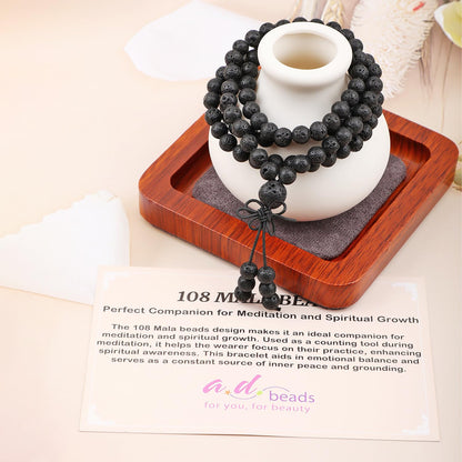 AD Beads 6mm 108 Prayer Mala Black Lava Elastic Bracelet - Warmth Generator - Handmade Yoga Meditation Healing Power Energy Gifts for Unisex Adult.