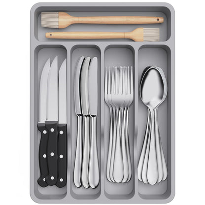 Lifewit Silverware Drawer Organizer Tray, Plastic Cutlery Storage for Kitchen, Flatware and Utensil Holder Divider for Spoons Forks Knives Tableware, 9.1 x 12.6", 5 Slots, Gray