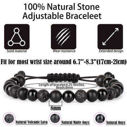 QOGIR Handmade Healing Bracelets,8mm Natural Black Onyx Black Lava Beaded Bracelet,for Men Women Gifts with 2PCS Size Adjustable Rope Bracelets