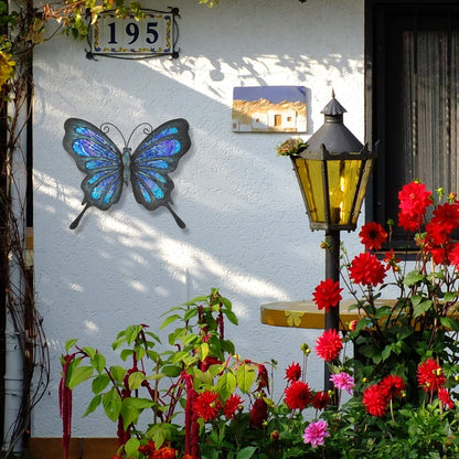 HONGLAND Metal Butterfly Wall Decor Outdoor Indoor Art Sculpture Hanging Glass Decorations Blue for Home Garden Bedroom (Blue)
