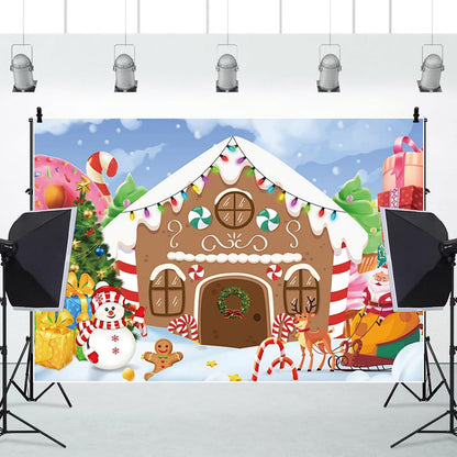 CRTPOD Christmas Backdrop Winter Gingerbread House Xmas Tree Snowman Gifts Background New Year Photography Banner for Birthday Christmas Party Decorations Supplies Photo Photobooth Props 7x5ft