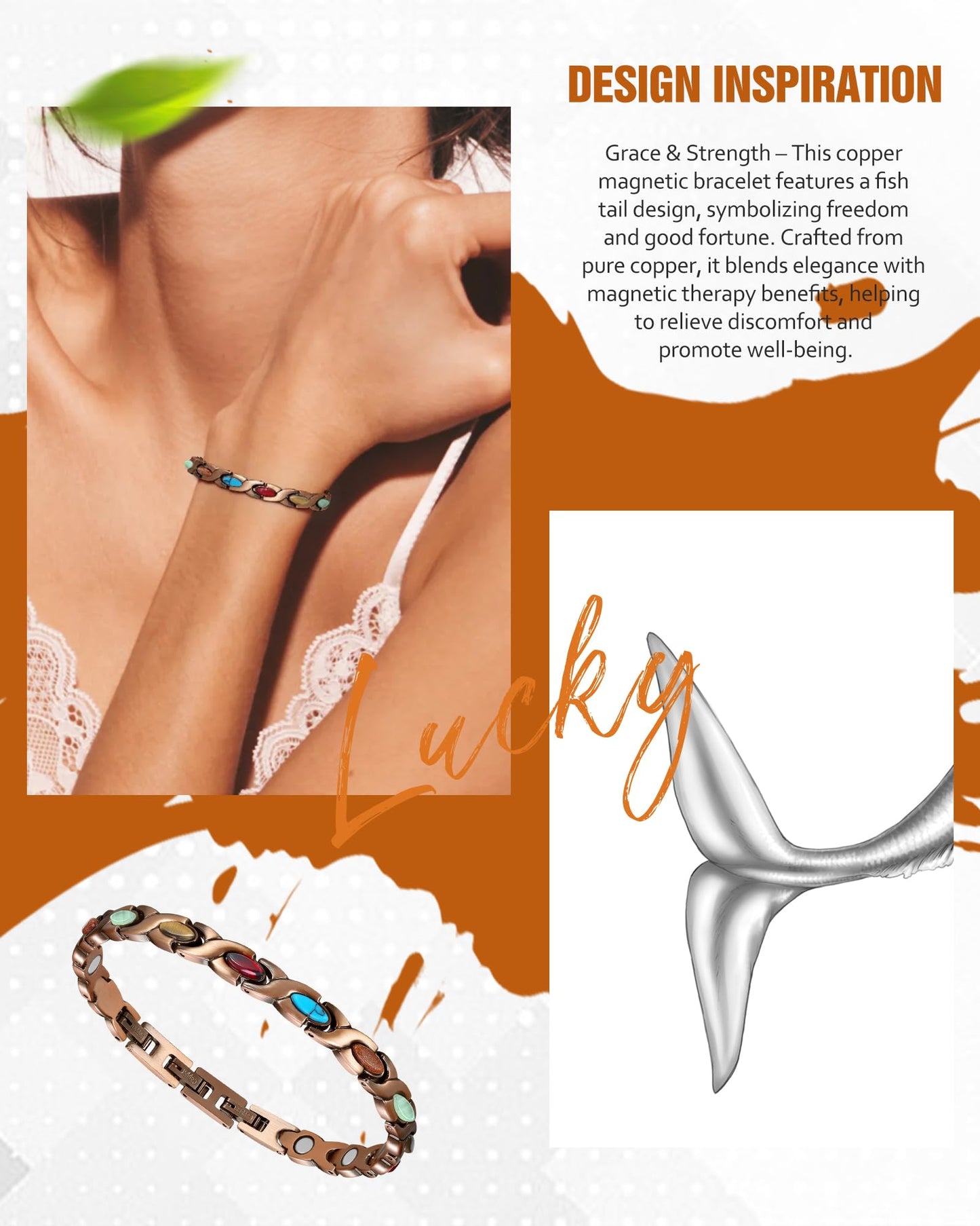 Jecanori Copper Bracelets for Women, Magnetic Bracelets for Women with 3800 Gauss Ultra Magnets and Sizing Tool, Featuring a Fish Tail Design