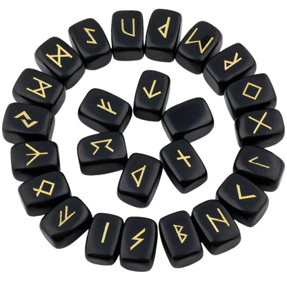 rockcloud Black Obsidian Rune Stones Tumbled Engraved Lettering Crystal Set for Wicca Crystals Healing Chakra Reiki