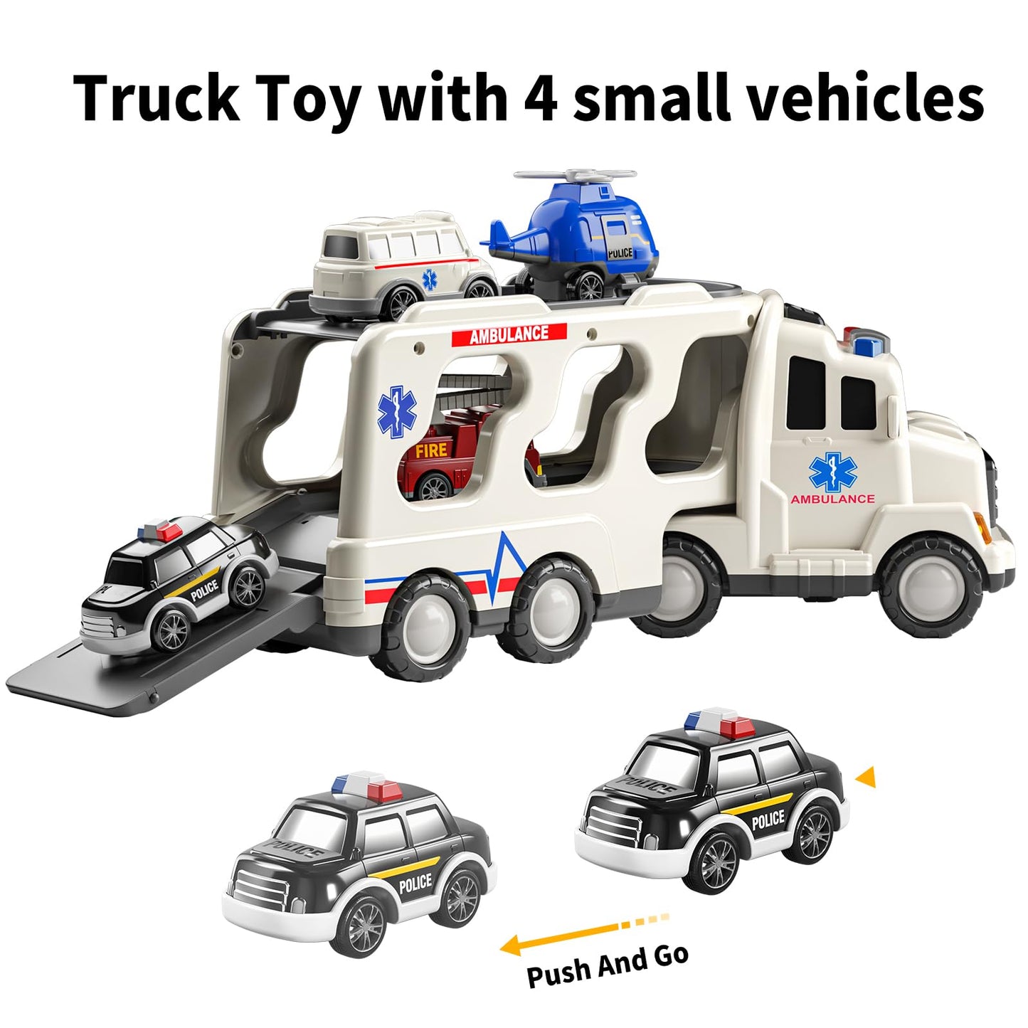TEMI 5 Pack Ambulance Vehicle Toddler Truck Toys for 3 4 5 6 Year Old Boys, Friction Powered Cars with Toy Helicopter, Police Car, Fire Truck, Ambulance Car, Birthday Gifts for Girls Age 3-9