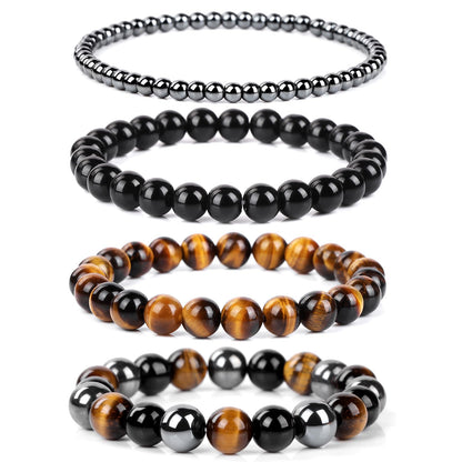 Vinswet 4pcs Natural Stone Beaded Bracelets for Women Men,Genuine Tigers Eye Black Obsidian and Hematite Bracelet,Handmade Triple Protection Bracelet Bring Luck and Prosperity and Happiness