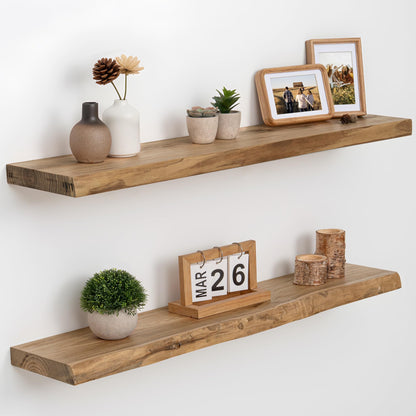 Axeman 36 inch Live Edge Floating Shelves for Wall, 8 Inch Deep Solid Locust Wood Wall Shelves - Rustic Wooden Shelves with Invisible Brackets for Living Room Bedroom Kitchen, Set of 2