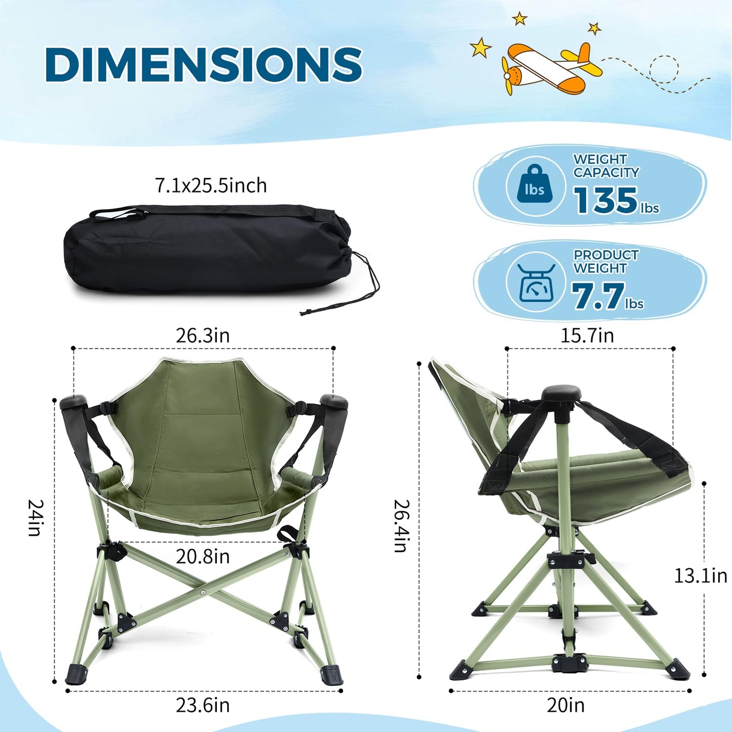 Chloraeon Kids Hammock Chair,Adjustable Kids Camping Chair,Folding Chair with Stand,Portable Hammock Chair for Camping, Travelling and Patio,Green,Supports 135 LBS
