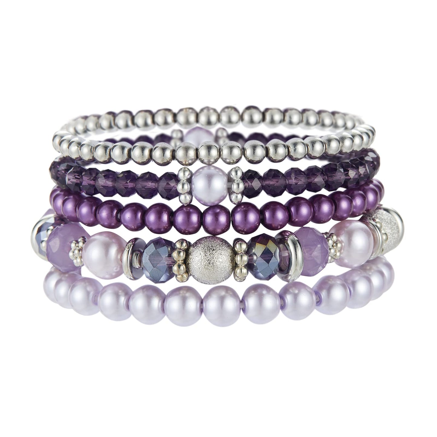 Noessla Beaded Pearl Stretch Bracelet Silver Stackable Crystal Beads Bracelets Trendy Costume Jewelry Mothers Day Gifts for Women(Purple)