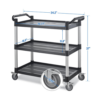 Imaboie Utility Rolling Carts with Wheels, Large Size Plastic Service Carts, Heavy Duty Restaurant Cart with 4 Lockable Brake Wheels for Kitchen/Office/Warehouse (3 Tier - 34×17×37inches / 510lbs)