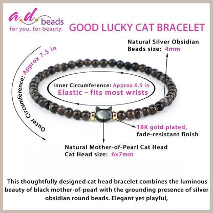 AD Beads 4mm Cat Head Silver Obsidian Bracelet – Attract Money, Abundance & Business Luck, Beaded Spiritual Energy Bracelet for Women and Men