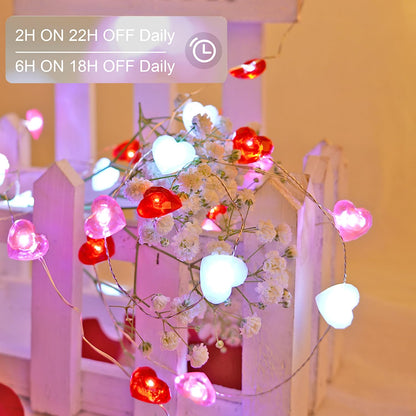 Libreath Valentines Day Decor 10 ft 40 LEDs Red White Pink Heart String Lights Battery Operated Garland Valentines Day Lights with Timer Valentine's Day Decorations for The Home Indoor Mother's Day
