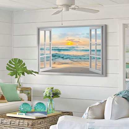 Window View Canvas Wall Art: Open Window Beach Coastal Sailboats Picture Large Blue Ocean Waves Artwork Natural Sunset Seascape Prints Modern Sea Scenery Painting for Bedroom Bathroom Home Office