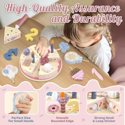 Wooden Birthday Party Cake Play Food Sets for Toddler 2 3 4 5 Year Old Girls Boys Kids Kitchen Accessories Pretend Play Toy Gift Educational Toys