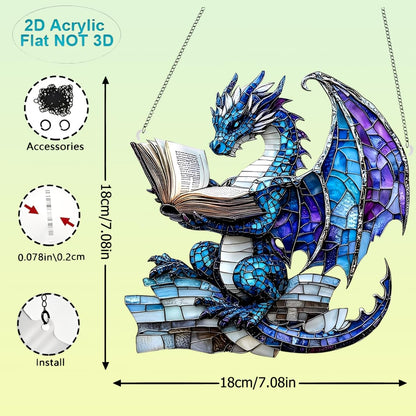 1PC Blue Dragon Reading Acrylic Suncatcher Hanging, 7.08 inch Window Decor with Printed Stained Glass Style Design, Rainbow Maker Wall Art, Gift Idea & Garden Ornament Indoor Outdoor Use/DW-17